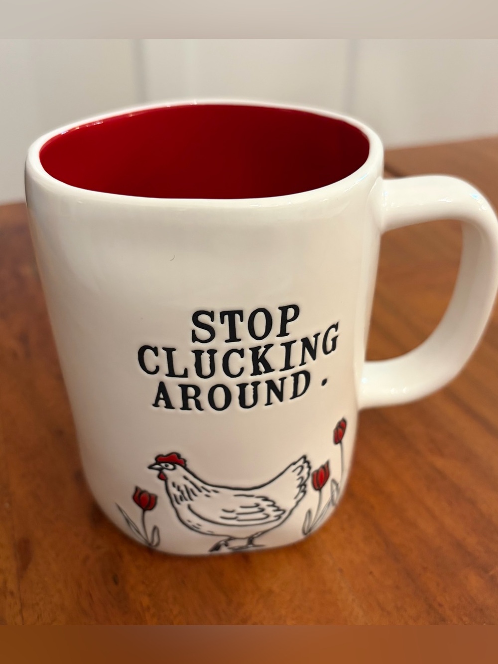 Rae Dunn "Stop Clucking Around" Chicken Mug Red Interior 19 oz Farmhouse Cottage